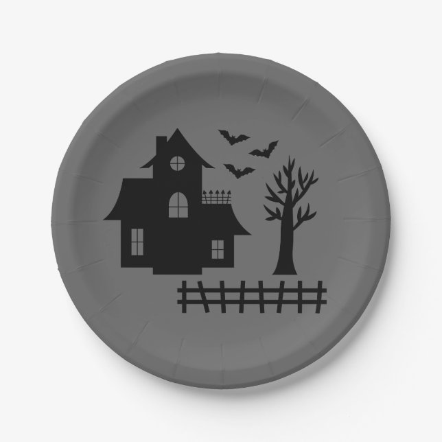 Simple Haunted House Silhouette And Bats Halloween Paper Plate (Front)