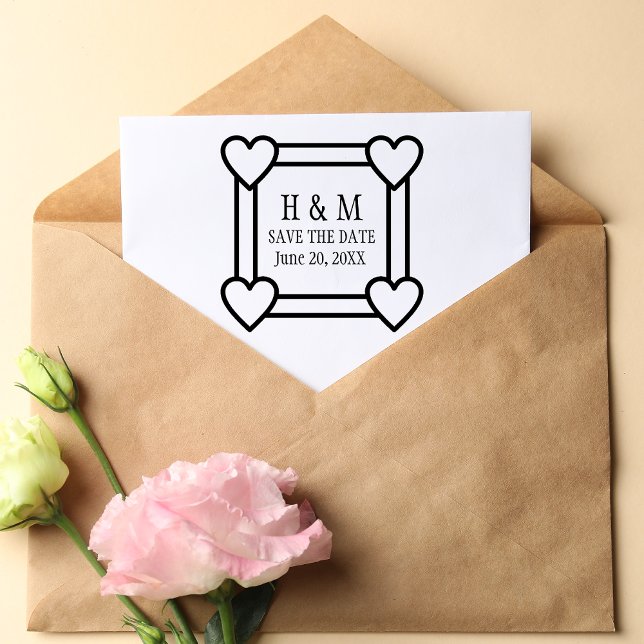 Simple Heart Border Save the Date Wedding Rubber Stamp (heart square border)