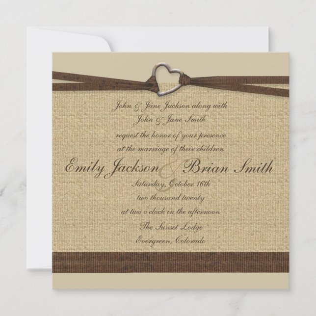 Simple heart burlap square wedding invitations (Front)