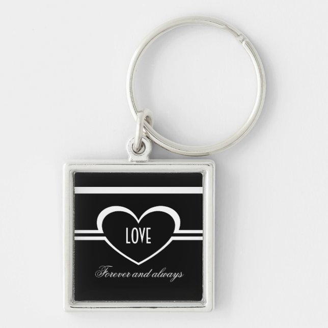 Simple Heart Keychain, Black and White Key Ring (Front)