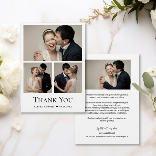 Simple Heart Modern Wedding Photo Collage Thank You Card (Timeless, Simple, Chic Wedding thank you photo grid cards.)