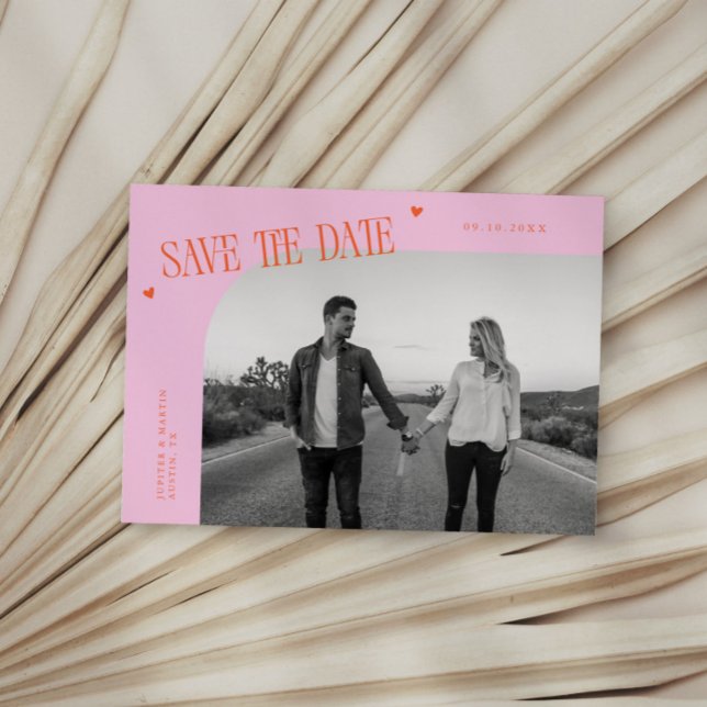 Simple Heart Orange Pink Curved Frame Photo Save The Date (Creator Uploaded)