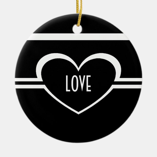 Simple Heart Ornament, Black and White Ceramic Ornament (Front)