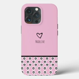 Simple Heart Pattern Repeat Border Pink Name   iPhone 13 Pro Case