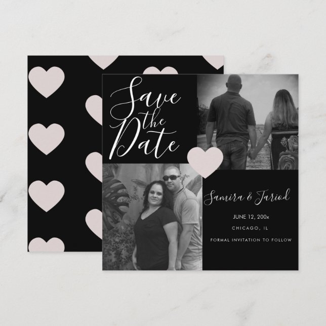 Simple Heart Pink Black Photo Collage Card (Front/Back)