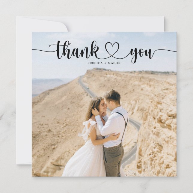 Simple Heart Script Square Wedding Thank You Cards (Front)