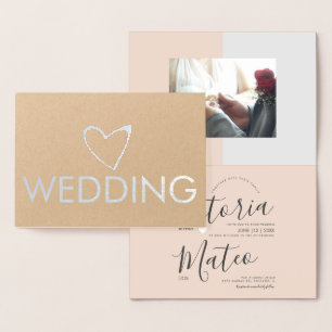 Simple Heart Script Typography Pink Grey Wedding Foil Card