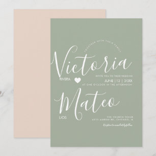 Simple Heart Script Typography Sage Wedding  Invitation