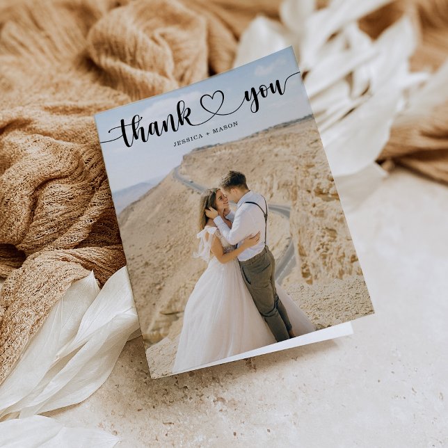 Simple Heart Script Wedding Folded Thank You Cards (Creator Uploaded)