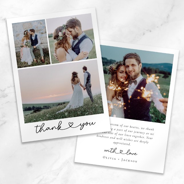 Simple Heart Script Wedding Photo Collage  Thank You Card (Creator Uploaded)