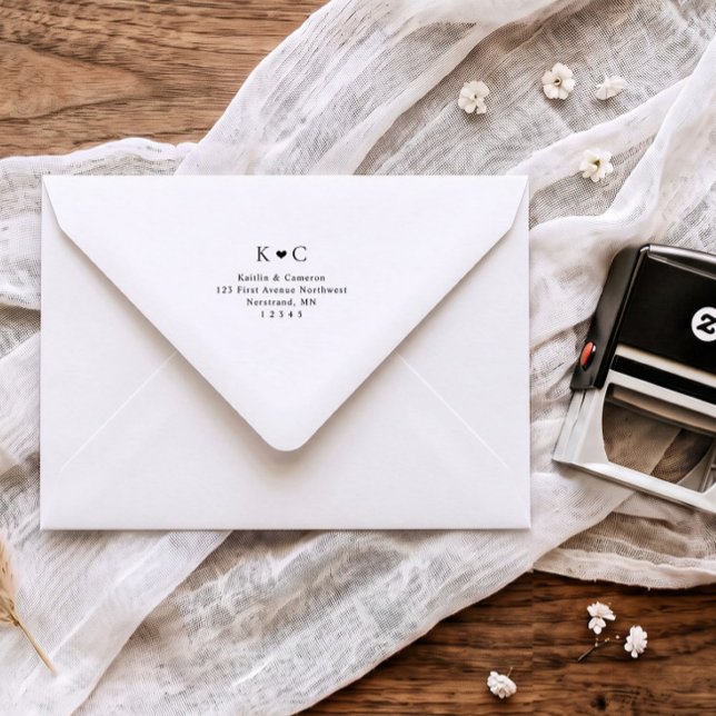 Simple Heart Wedding Envelope Return Address Self-inking Stamp (Minimalist wedding return address stamp with couple initials and small heart)