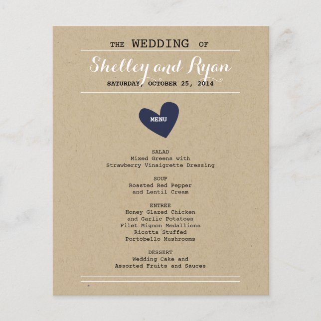 Simple Heart Wedding Menu Card (Front)
