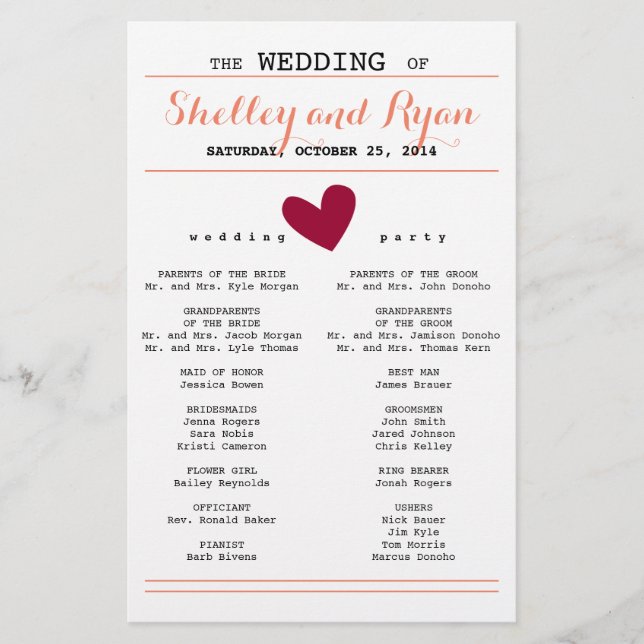 Simple Heart Wedding Program (Front)