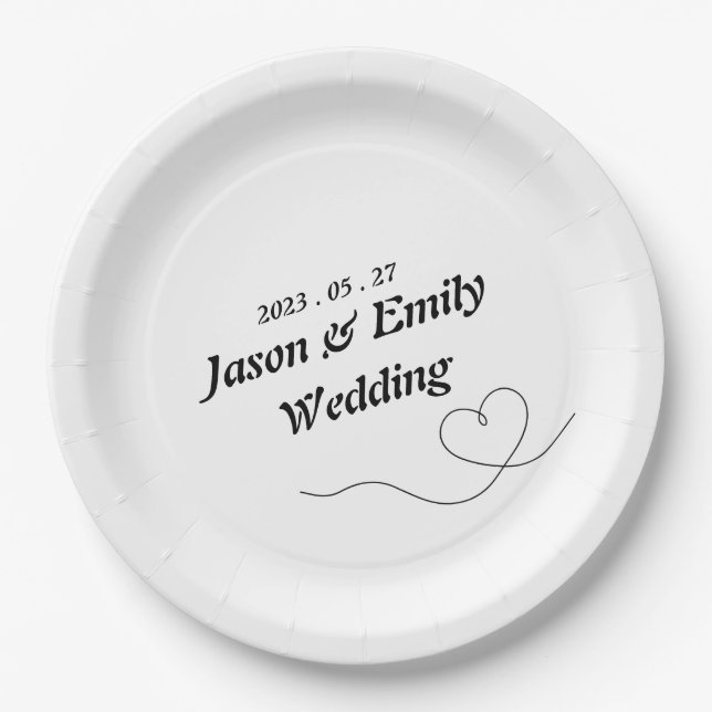 Simple Heart With Name Wedding Paper Plate (Front)