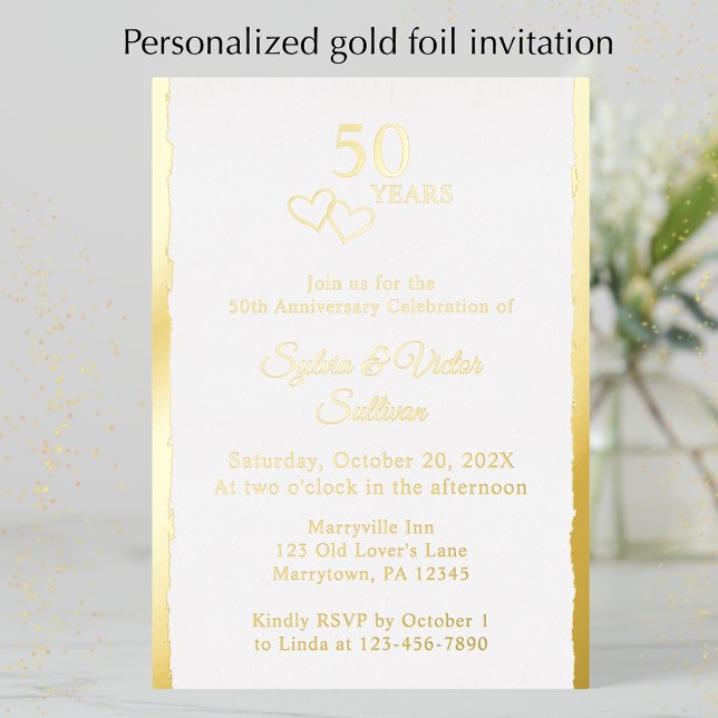 Simple Hearts 50th Wedding Anniversary Party Gold (Personalize this unique elegant gold foil 50th anniversary party invitation.
)
