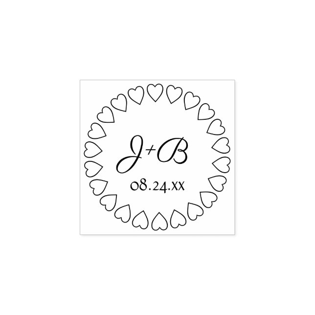 Simple Hearts Elegant Script Monogrammed Wedding Rubber Stamp (Imprint)