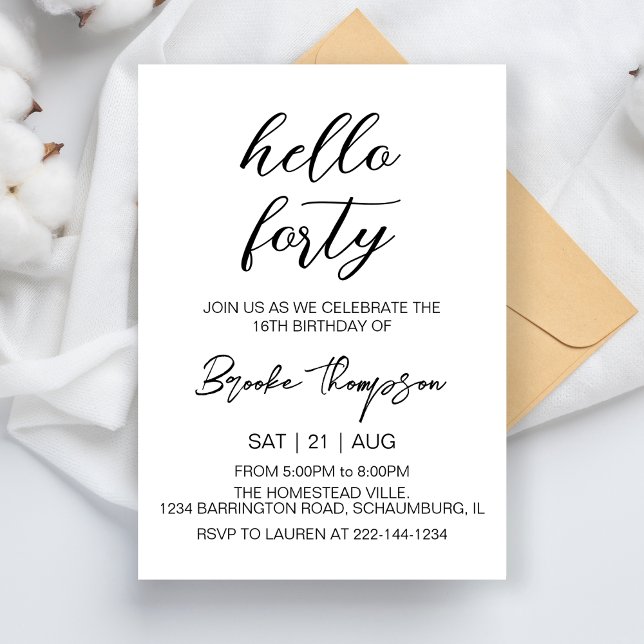 Simple Hello Forty 40th Birthday Party 40 Year Old Invitation (Creator Uploaded)