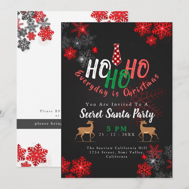 Simple HO Red & Black Snowflakes Christmas Santa Invitation (Front/Back)