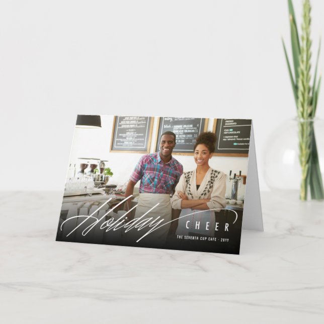 Simple Holiday Cheer Script Modern Photo Business Card (Front)