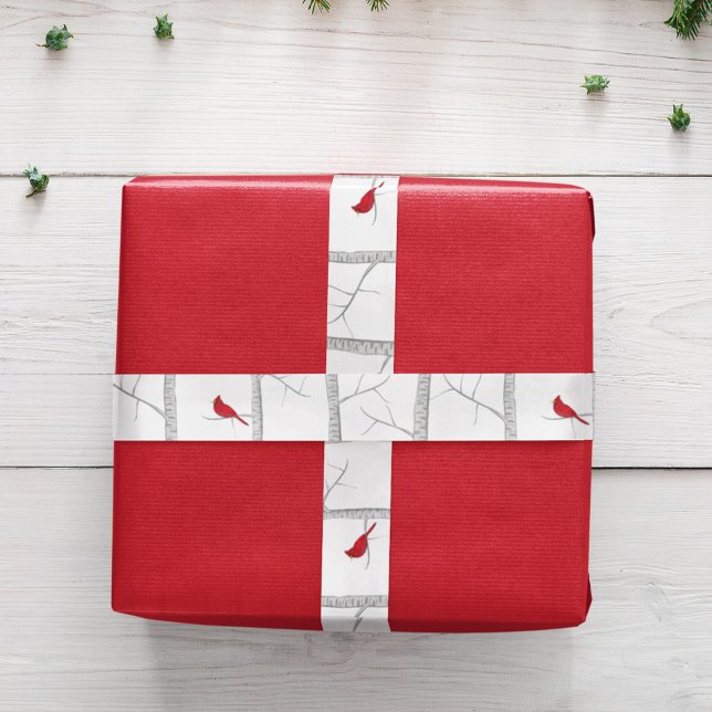 Simple Holiday Winter Red Cardinal Birch Tree  Satin Ribbon (Holiday winter red cardinal ribbon)