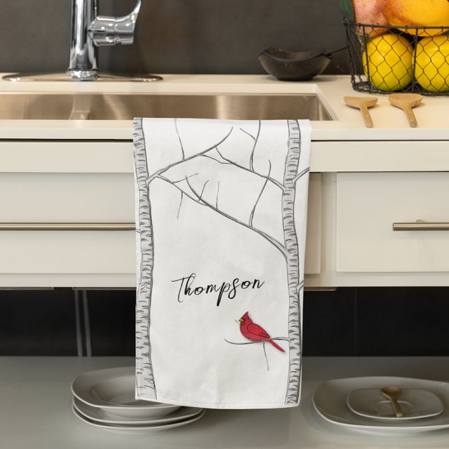Simple Holiday Winter Red Cardinal Birch Tree  Tea Towel (Red Cardinal birch tree custom kitchen towel. )