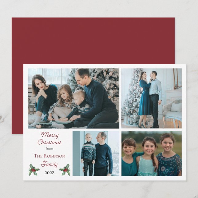 Simple Holly Berries Merry Christmas 4 Photo Holiday Card (Front/Back)