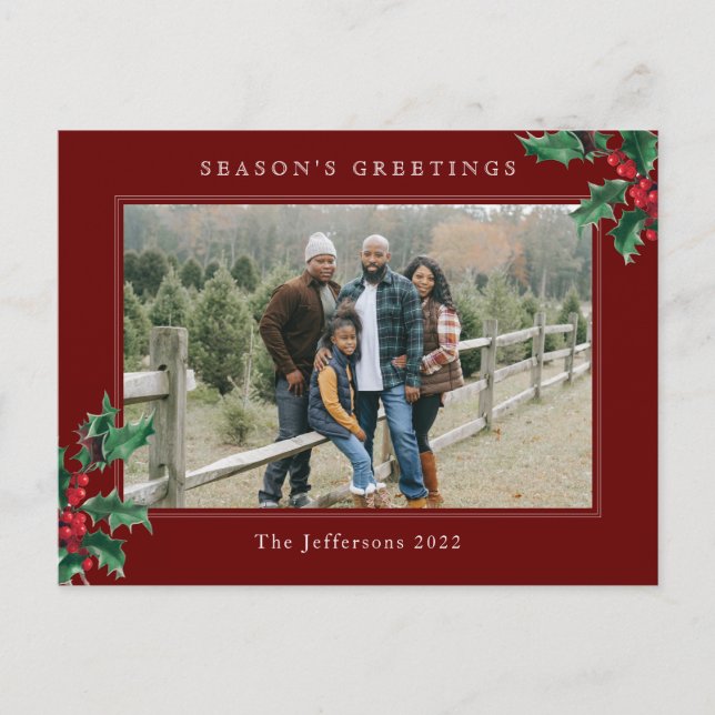 Simple Holly Berry Custom Photo Red Christmas Holiday Postcard (Front)