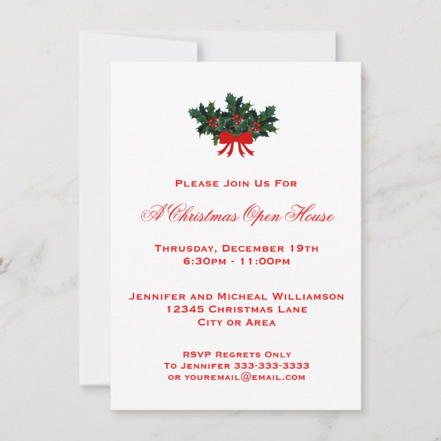 Simple Holly Christmas Open House or Party #2 Red Invitation (Front)