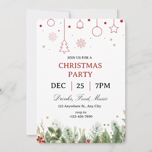 Simple Holly Christmas Party Invitation (Front)