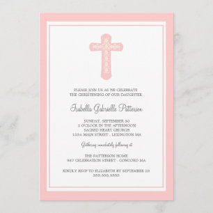 Simple Holy Cross Pink Girl Christening Invitation
