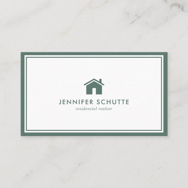 Simple Home Logo Green Gingham Pattern Realtor Business Card (Front)