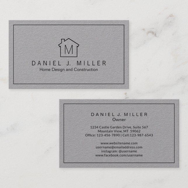 Simple Home Logo Monogram Minimalist Black & Grey Business Card (Front/Back)