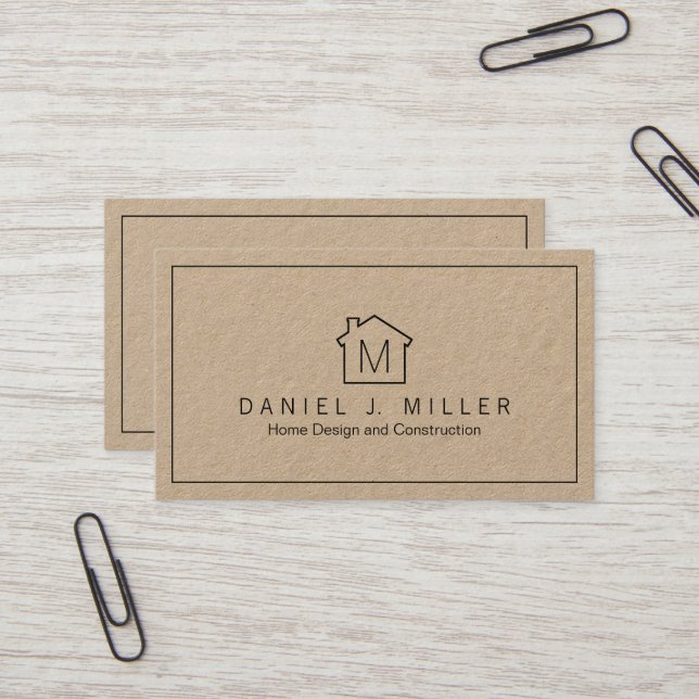 Simple Home Logo Monogram Minimalist Kraft & Black Business Card (Front/Back In Situ)