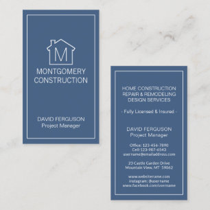 Simple Home Logo Monogram Vertical Navy Blue White Business Card