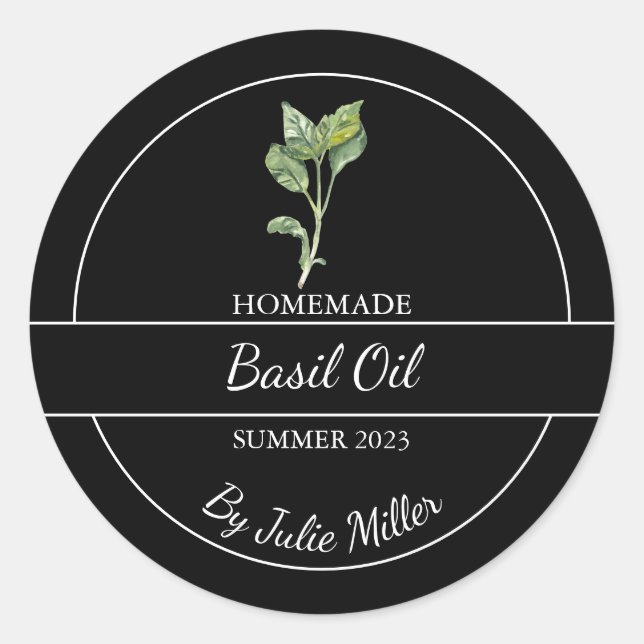 Simple Homemade Basil Oil Label | Black (Front)