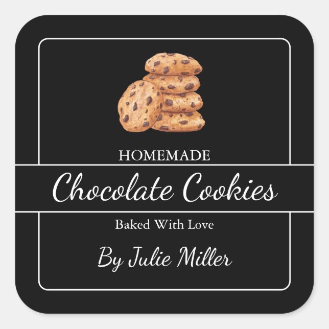 Simple Homemade Cookies Square Label Black (Front)