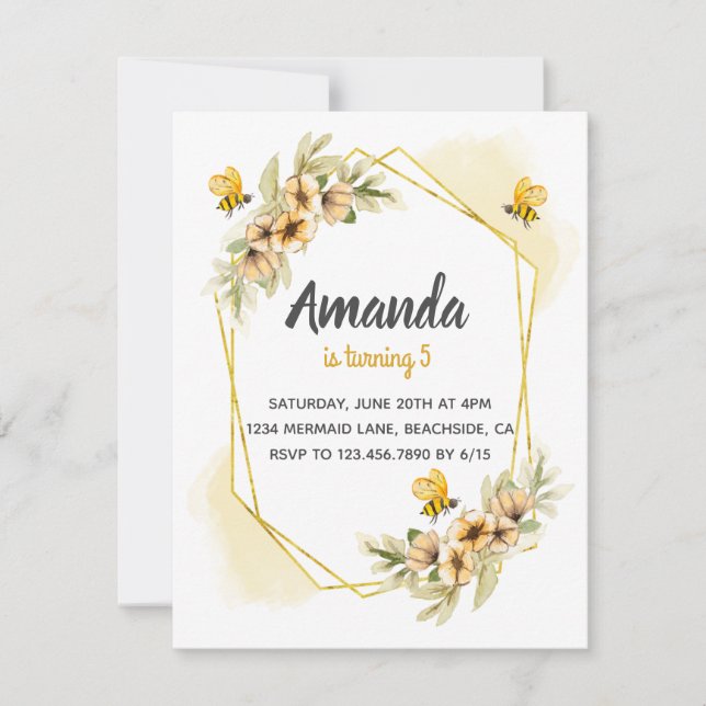 Simple Honey Bee Birthday Party invitation (Front)
