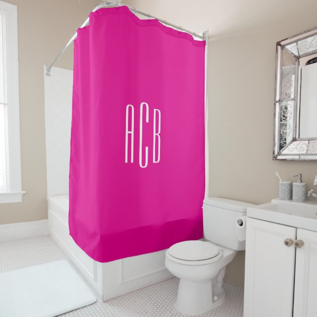 Simple Hot Pink and White Three Letter Monogram Shower Curtain (In Situ)