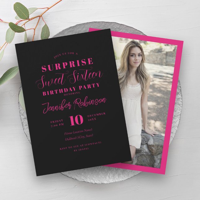 Simple Hot Pink Black Photo SURPRISE Sweet 16   Invitation (Simple Hot Pink Black Photo SURPRISE Sweet 16 Invitation)