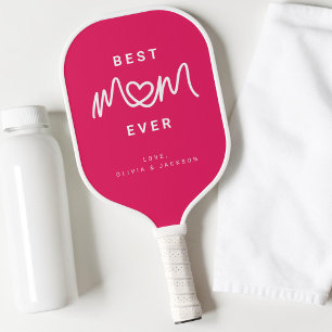 Simple Hot Pink Cute heart Script Best Mum Ever Pickleball Paddle