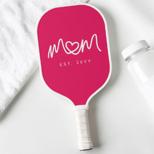 Simple Hot Pink Heart Script Mum Established Est Pickleball Paddle