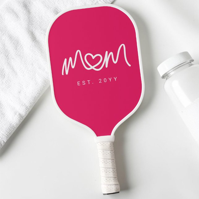 Simple Hot Pink Heart Script Mum Established Est Pickleball Paddle (Simple Hot Pink Heart Script Mom Established Est Pickleball Paddle)