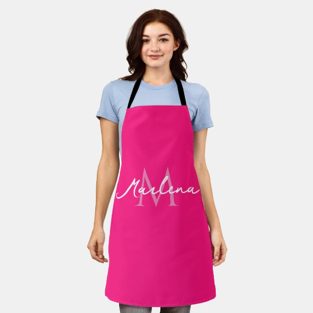 Simple Hot Pink Initial Modern Monogrammed  Apron (Worn)