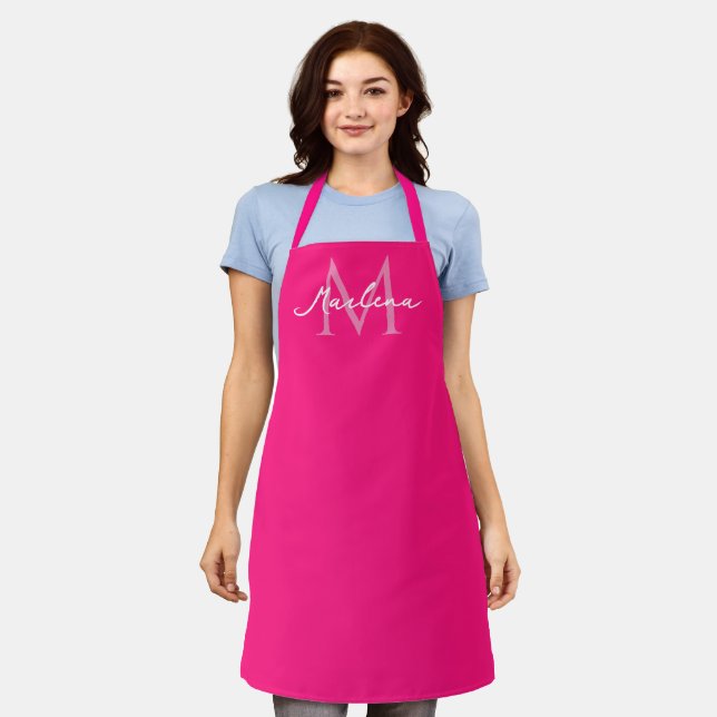Simple Hot Pink Initial Modern Monogrammed  Apron (Worn)
