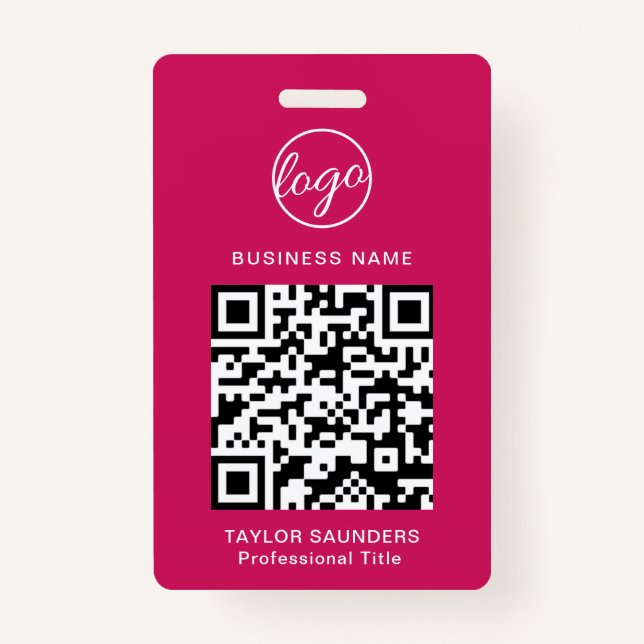 Simple Hot Pink QR Code Employee ID ID Badge (Front)