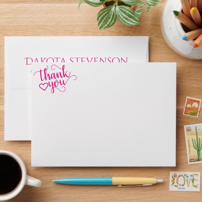 Simple Hot Pink Script | Magenta Heart Thank You Envelope (Desk)
