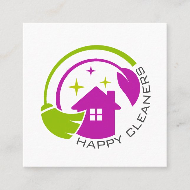 Simple House & Broom Cleaning Maid Service Logo Square Business Card (Front)