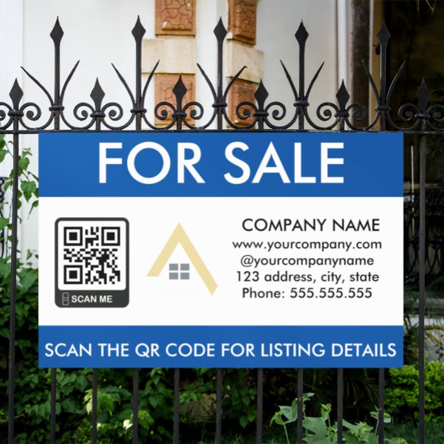 Simple House For Sale QR Code Business Logo Sign (real estate for sale blue white professional banner)