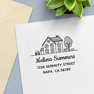 Simple House Line Art Address 3 Self-inking Stamp
