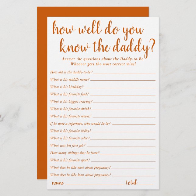 Simple How Well Do You Know Daddy | Orange Card (Front/Back)